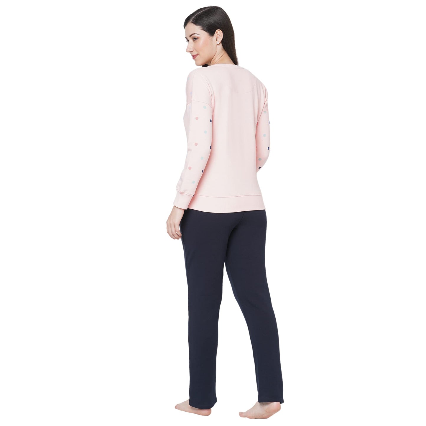 Sweet Dreams Women Printed Long Sleeves Round Neck Pink Fleece Winter Tracksuit