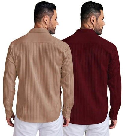 Deelmo Combo Of MenS Casual Button Down Shirts Long Sleeve Linen Shirt Fashion Textured Summer Shirts Pack Of 2