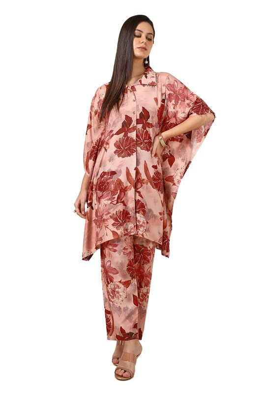 Soch Womens Peach Muslin Blend Floral Print Kaftan Suit With Beads