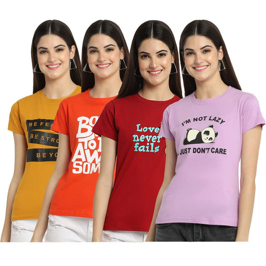 Preneum Womens Cotton Regular Fit Latest Graphic Stylish Printed Short Sleeves Casual T-Shirt || Trendy & Styles (Pack 4), Purp