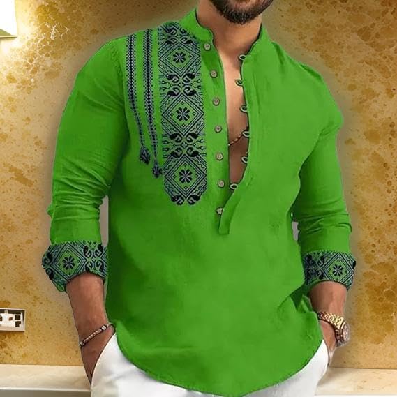 DEELMO Mens Cotton Blend Mandarin Collar Self One Design Full Sleeve Casual Short Kurta Green