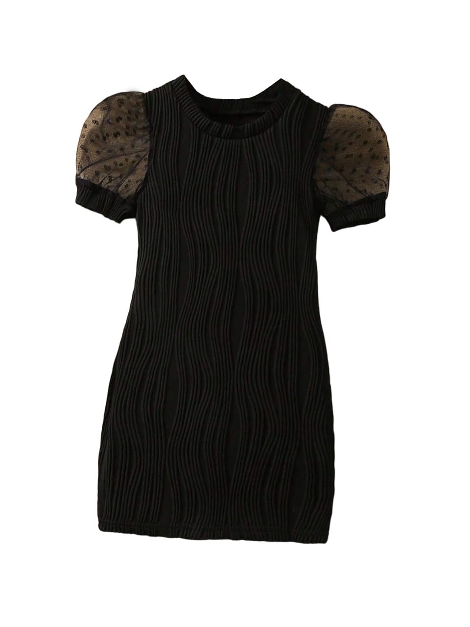 TAGAS Young Girl Contrast Dobby Mesh Puff Sleeve Dress || Girls Dress || Party Dress for Girls ||Fency Dress||(GCD) Black