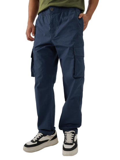 The Souled Store Navy Blue Men and Boys Buttoned Straight Fit Cargo Ripstop Joggers