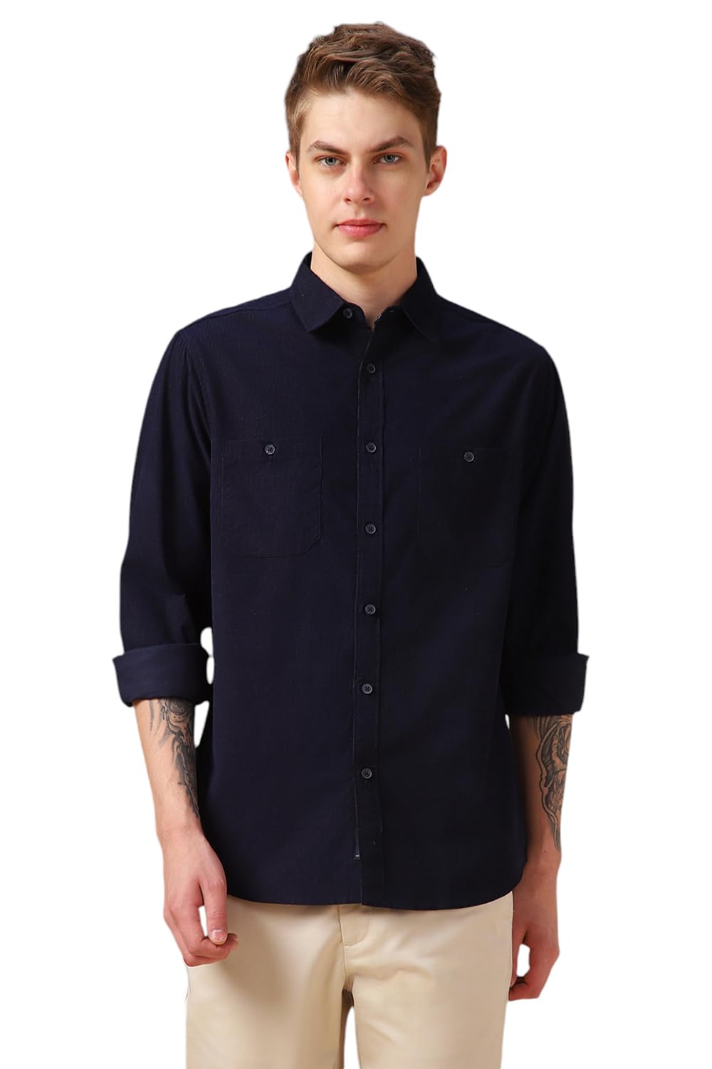 Dennis Lingo Men Blue Solid Cotton Relaxed Fit Full Sleeve Shirts