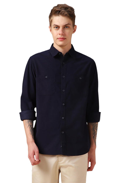 Dennis Lingo Men Blue Solid Cotton Relaxed Fit Full Sleeve Shirts