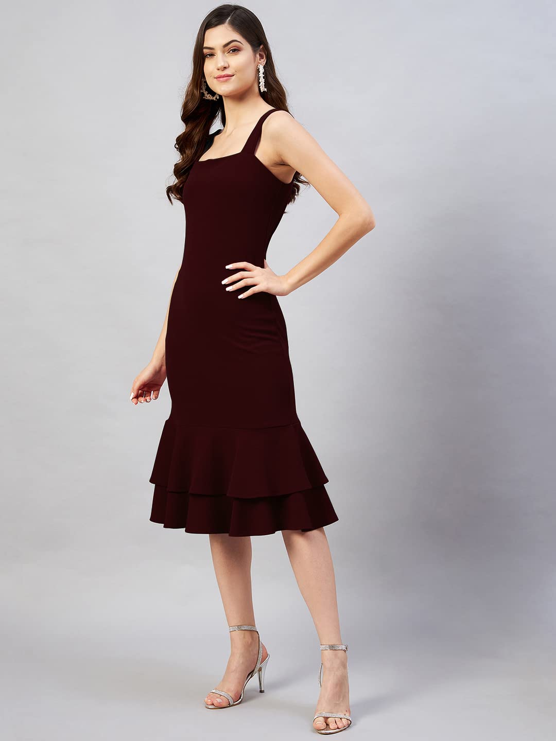 Rare Women Casual Wine Colour Midi Solid Dress