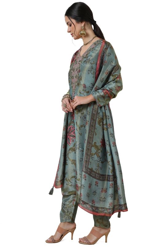 Soch Womens Sap Green Tissue Botanical Print Suit Set With Cutdana