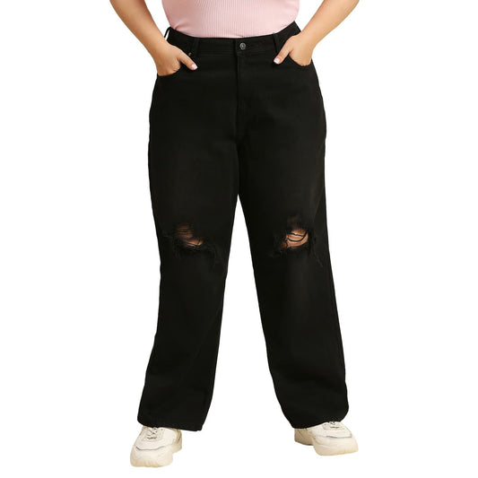 High Star Women Plus Size Comfort Wide Leg High-Rise Low Distress Jeans Charcoal Black