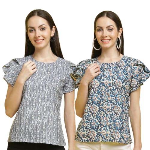 Pinkmint Combo Top's for Women Stylish Ruffle Trim Petal Sleeve Tops (Pack of 2)