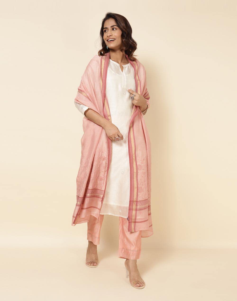 Fabindia Pink Cotton Silk Hand Embroidered Dupatta | Free Size | Regular Length | Spring | 2.5m x 92cm (L x W)