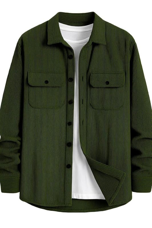 Deelmo MenS Full Sleeve Corduroy Shirt | Stylish Textured Casual Button-Down Shacket For Autumn Winter | Dual Pocket Front Desig
