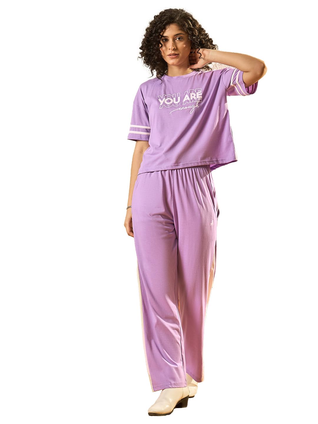 Pivl Women'S Cotton Blend Striped Co-Ords Set - Summer Style-Lavender-Xl