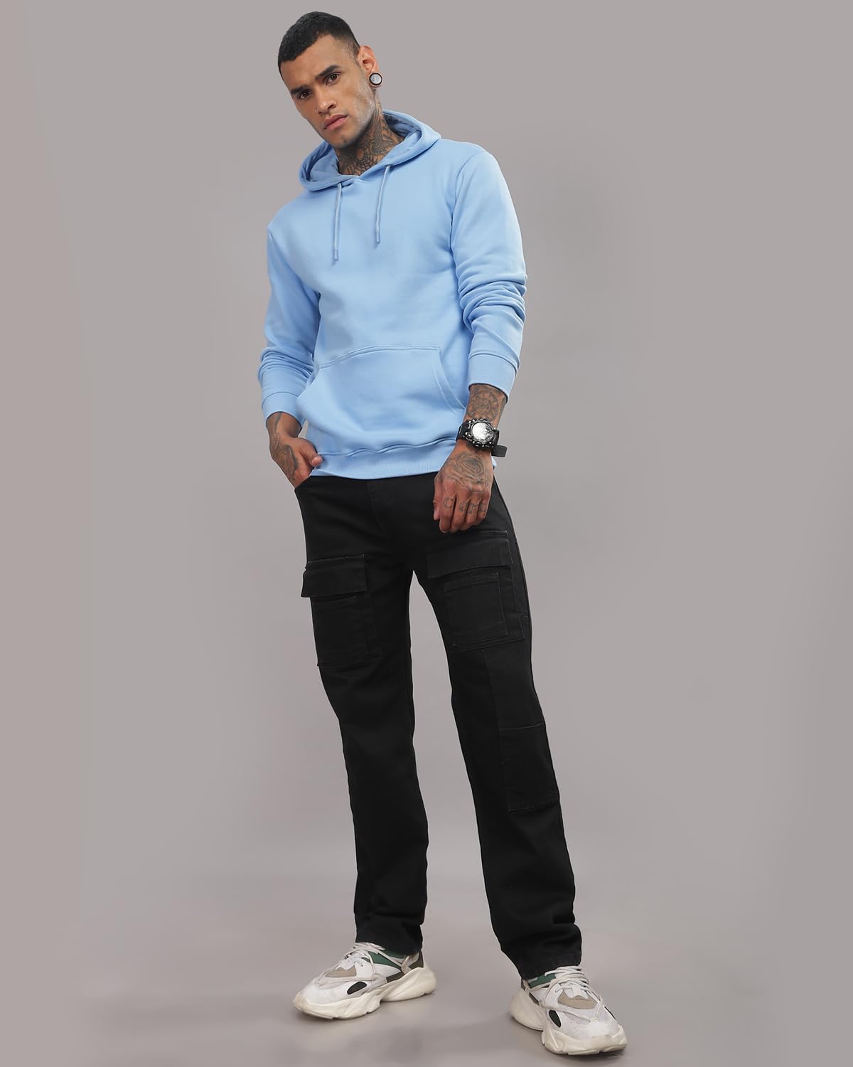 ADRO Men's Cotton Neck Hooded Sweatshirt (H24-M-PLN-SK_Sky Blue