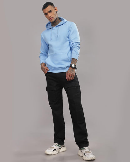 ADRO Men's Cotton Neck Hooded Sweatshirt (H24-M-PLN-SK_Sky Blue