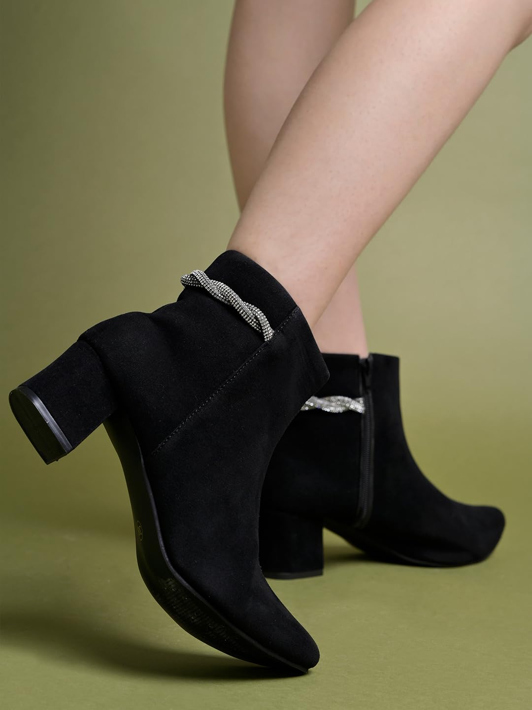 Shoetopia WomenS Black Suede Ankle Boots With Block Heel And Rhinestone Knot Detail||Side Zip Fashion Booties For Fall & Winter