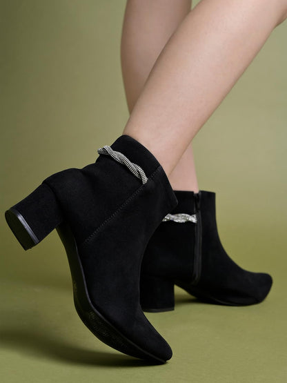 Shoetopia WomenS Black Suede Ankle Boots With Block Heel And Rhinestone Knot Detail||Side Zip Fashion Booties For Fall & Winter