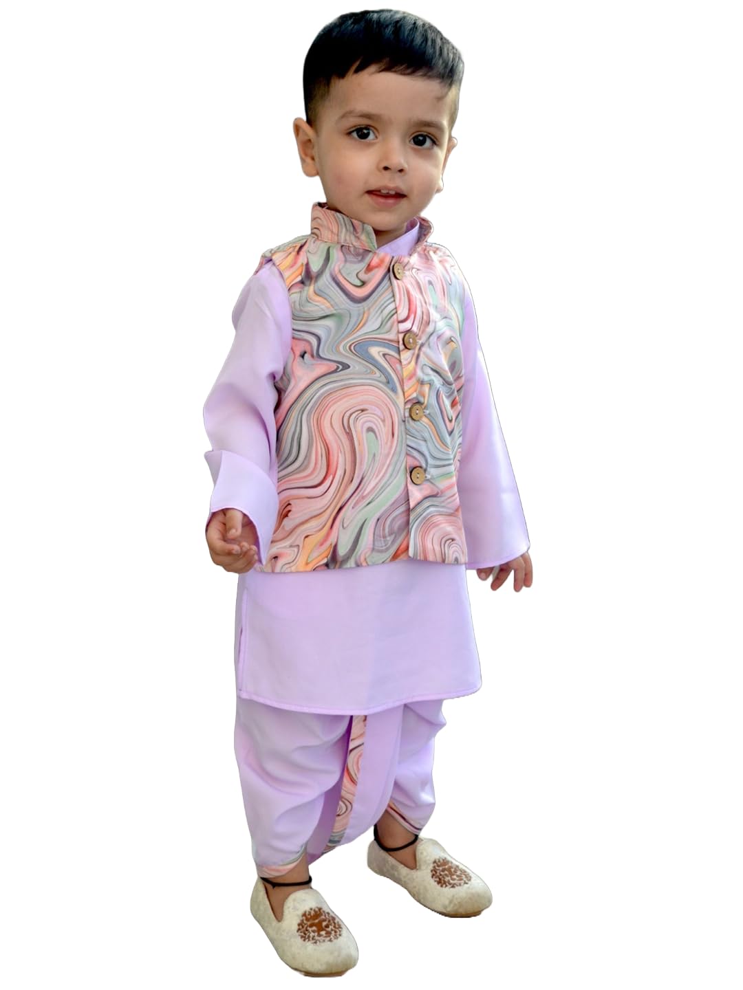 A.T.U.N. (All Things Uber Nice) Boys Mauve Kurta Dhoti With Swirl Printed Nehru Jacket (3 Piece Set)