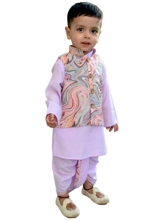 A.T.U.N. (All Things Uber Nice) Boys Mauve Kurta Dhoti With Swirl Printed Nehru Jacket (3 Piece Set)