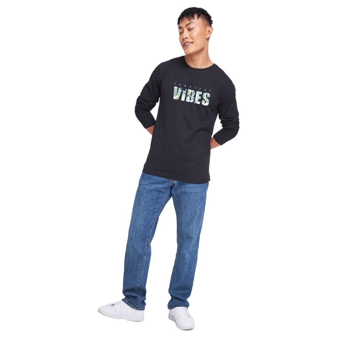 Bewakoof Mens Typography 100% Cotton T-Shirt- Regular Fit, Round Neck, Long Sleeves Black