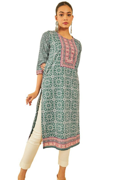 Soch Womens Teal Cotton Floral Printed Kurta with Thread Work & Sequins