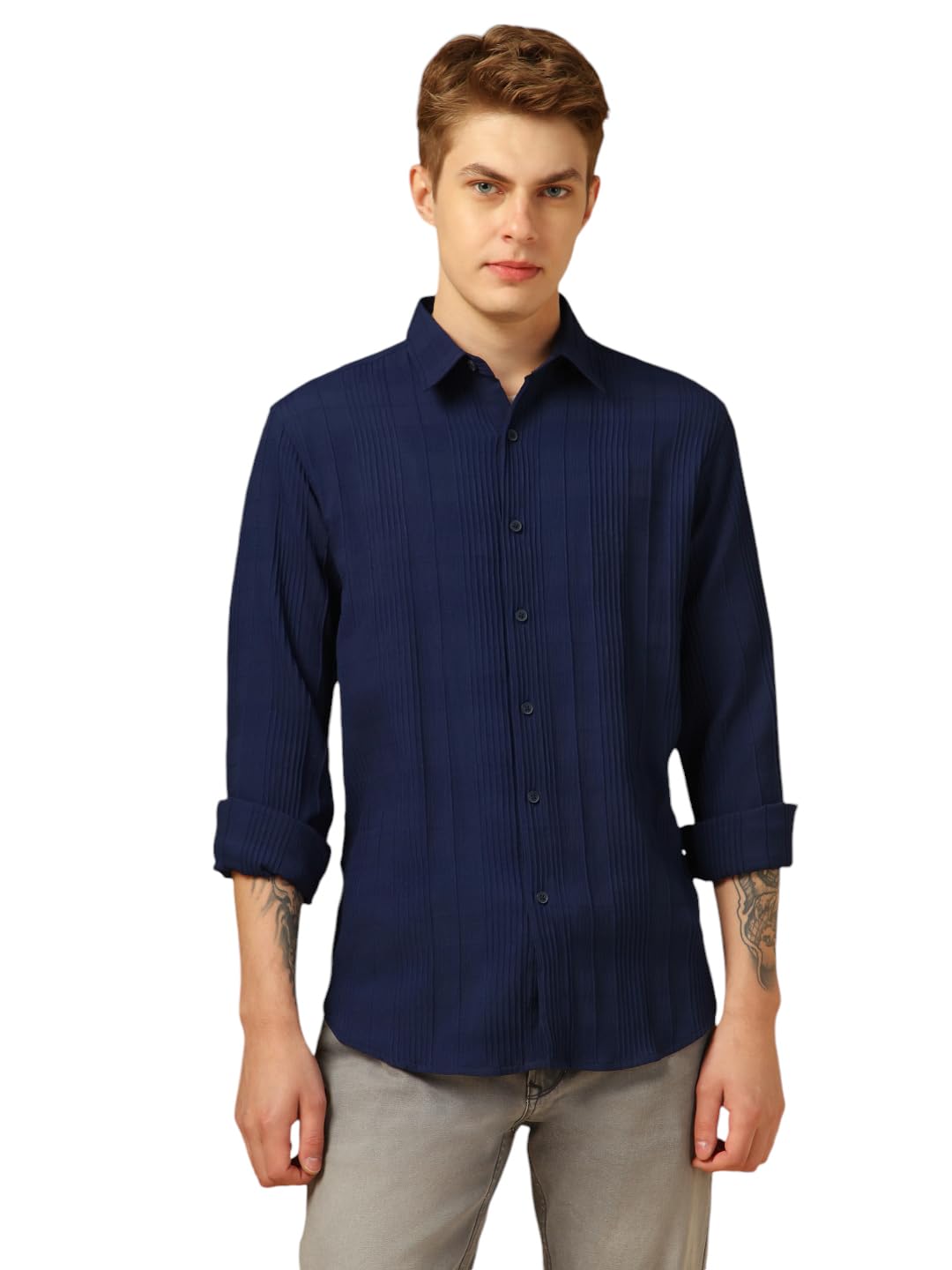 Dennis Lingo Men Relaxed Fit Polyester Full Sleeves Solid Textured Casual Shirts Navy Blue