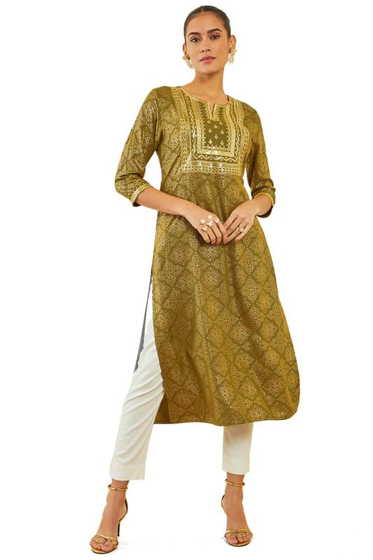 Soch Womens Olive Rayon Kurta with Ethnic Print and Embroidery