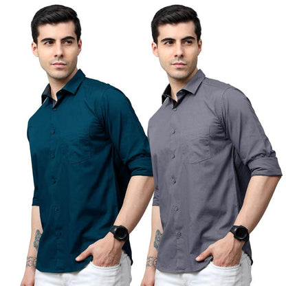 Tee Projekt Cotton Shirt for Men ll Front Pocket Shirt ll Stylish Long Sleeve Shirt ll Soild Regular Fit (Pack of 2) Teal-Grey