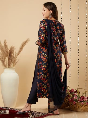 ANNI DESIGNER Women's Cotton Blend Printed Straight Kurta and Pant with Dupatta Set