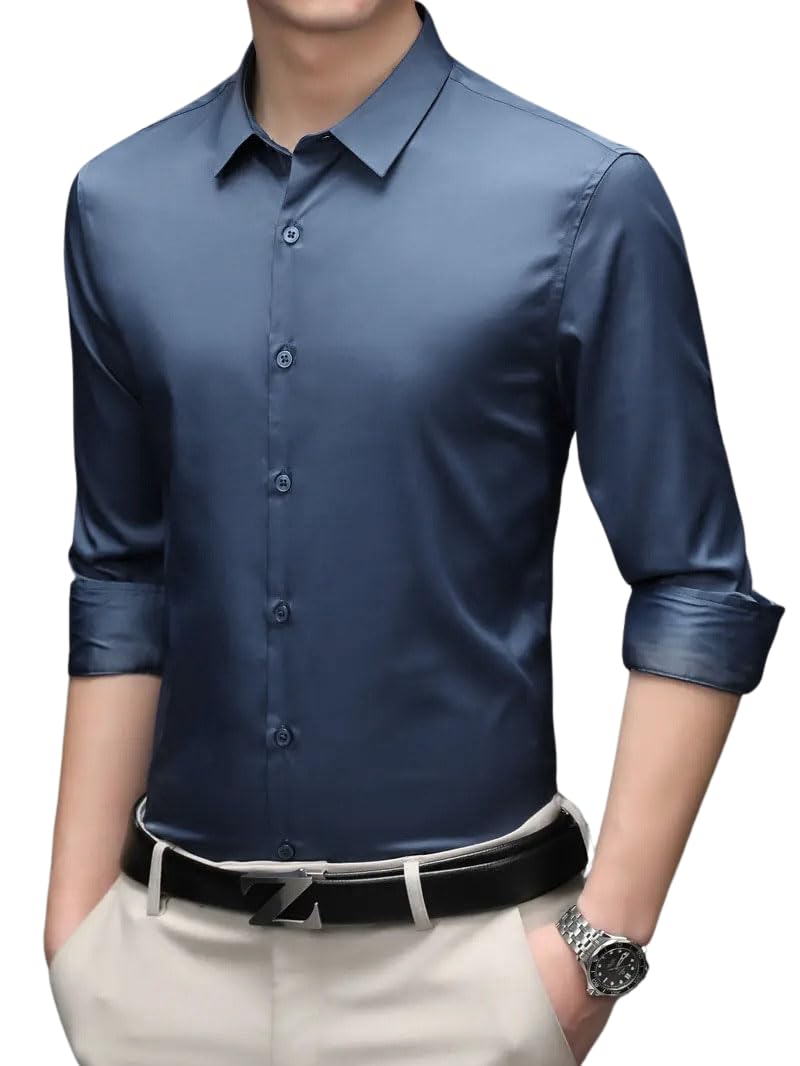Indoprimo MenS Premium Solid Satin Casual Party Shirt Full Sleeve Navy