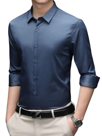 Indoprimo MenS Premium Solid Satin Casual Party Shirt Full Sleeve Navy