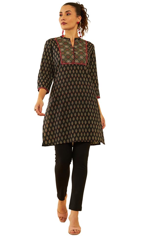 Soch Womens Black Cotton Floral Printed Short Kurta With Sequins