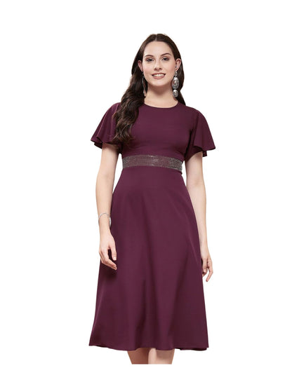 Selvia WomenS Western Dress | Stone Work Flutter Sleeve Crepe Western Dress For Women | Round Neck A-Line Dress For Women | One
