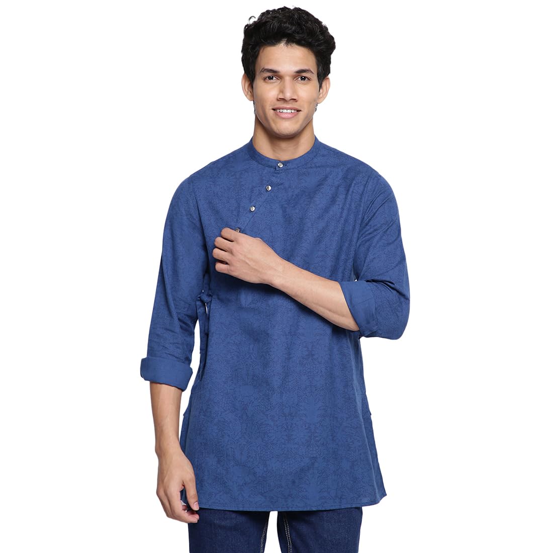 Fabindia MenS Cotton Floral Slim Kurta (102443301_Navy