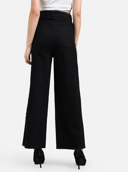 Kotty Women High Rise Cotton Lycra Fleard Fit Solid Jeans Jet Black