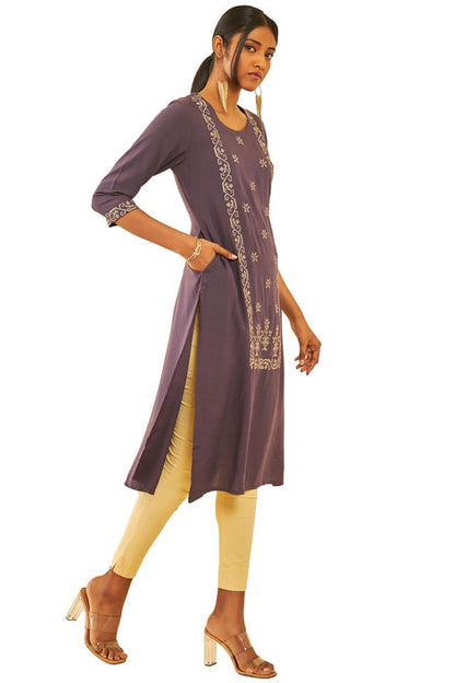 Soch Womens Purple Rayon Slub Zari Embroidered Panelled Straight Kurta