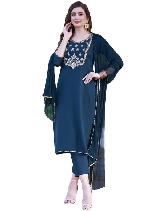 GoSriKi Women's Cotton Blend Embroidered Straight Kurta with Pant & Dupatta (BGM)