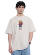 The Souled Store Oversized T-Shirt: Bear Minimum Men and Boys Short Sleeves Round Neck Beige Graphic Printed Cotton Oversized T-