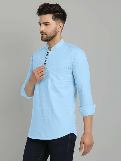 Royalscout MenS Cotton Blend Full Sleeve Short Kurta With Mandarin Collar Sky