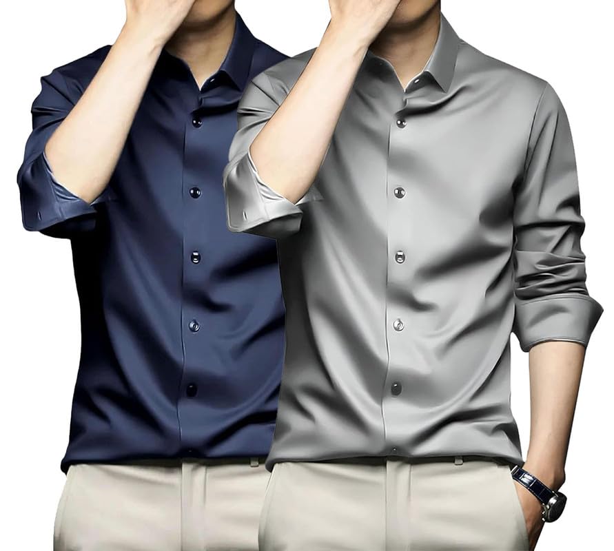 Deelmo Combo Of MenS Stylish Solid Satin Casual Shirt For Men Full Sleeves| Poly Satin Silk Shirt Pack Of 2 Navy-Silver