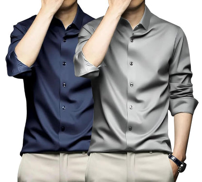 Deelmo Combo Of MenS Stylish Solid Satin Casual Shirt For Men Full Sleeves| Poly Satin Silk Shirt Pack Of 2 Navy-Silver