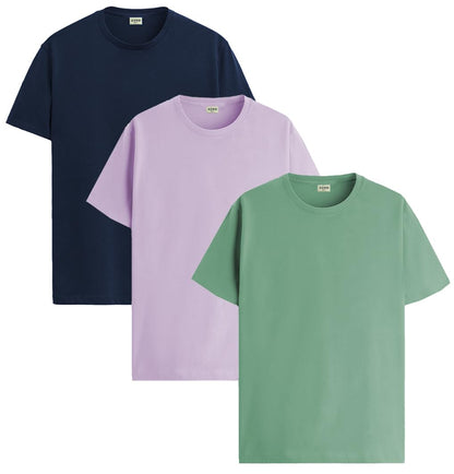 ADRO Mens Solid Regular Fit T-Shirt (RCM3-PLN-PU-NB-PT_Purple,Navy,Pista