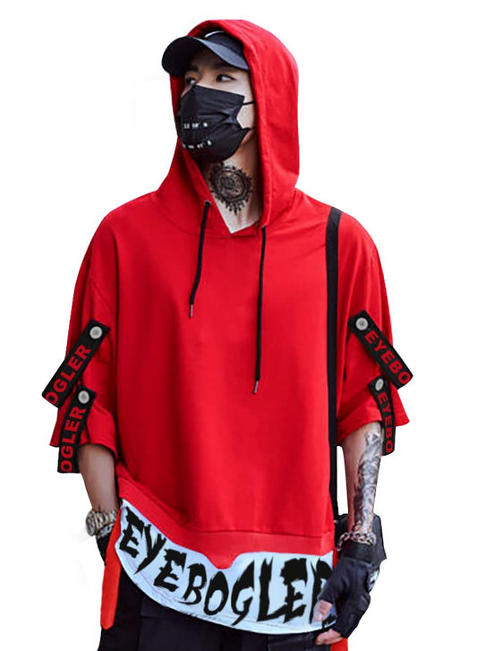 Eyebogler Mens Loose Fit Half Sleeves Hooded Neck Printed T-Shirt Red White