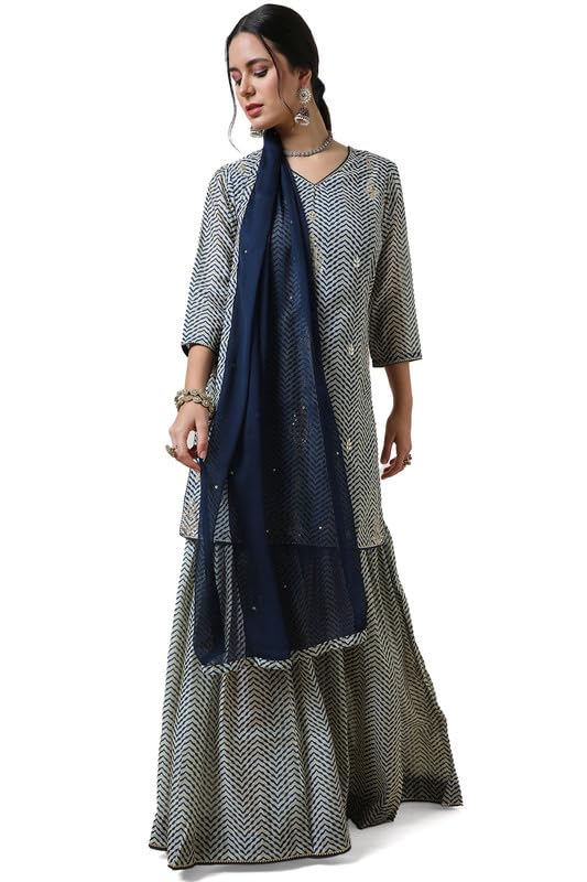 Soch Womens Blue Chanderi Abstract Print Suit Set With Gotta Patti