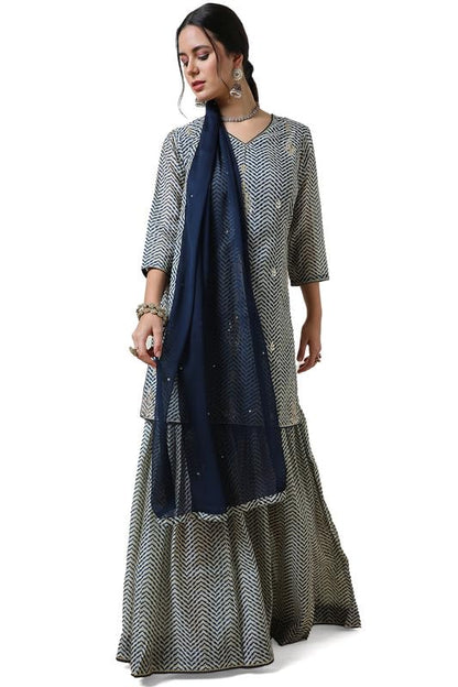 Soch Womens Blue Chanderi Abstract Print Suit Set With Gotta Patti