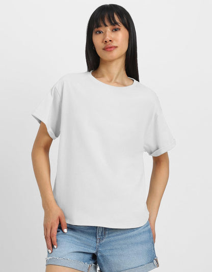 Juneberry Pure 100% Cotton Oversized Loose Baggy Fit Round Neck With Drop Shoulder White & Lilac Half Sleeves Boyfriend T-Shirt