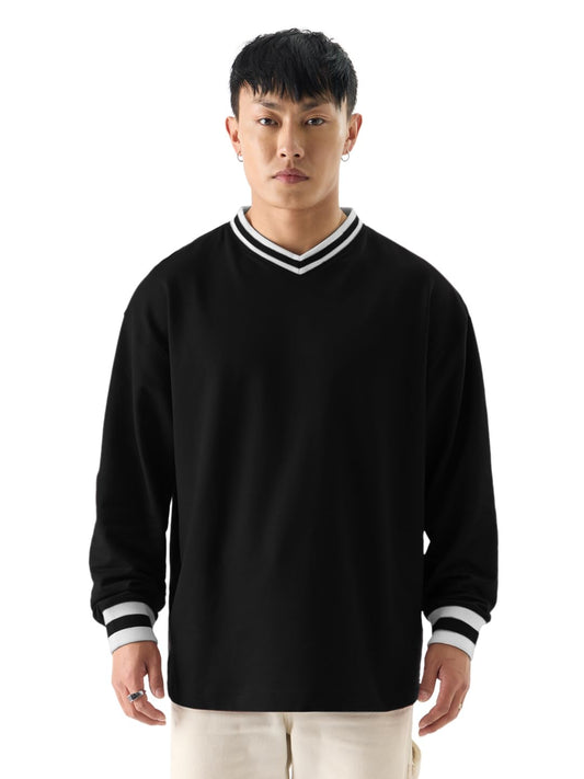 The Souled Store Solids: Black Men and Boys V-Neck Full Sleeve Oversized Fit T-Shirts Oversized Mens T-Shirts Solid Basic Tees