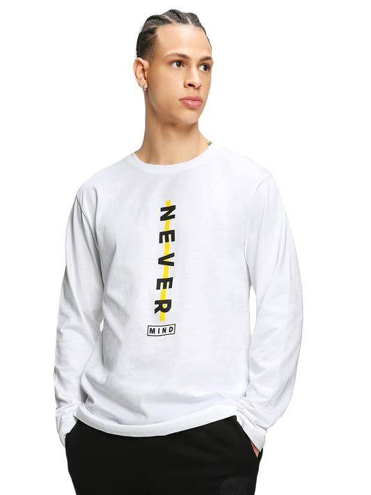 Bewakoof Mens Never Mind Stripe Printed 100% Cotton T-Shirt - Regular Fit, Round Neck, Full Sleeves White