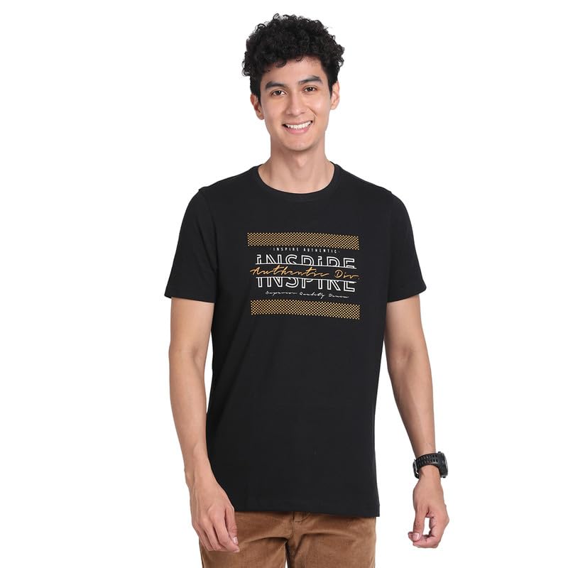 Turtle Men Essential 100% Cotton Black Chest Printed Round Neck Half Sleeve Casual T-Shirt
