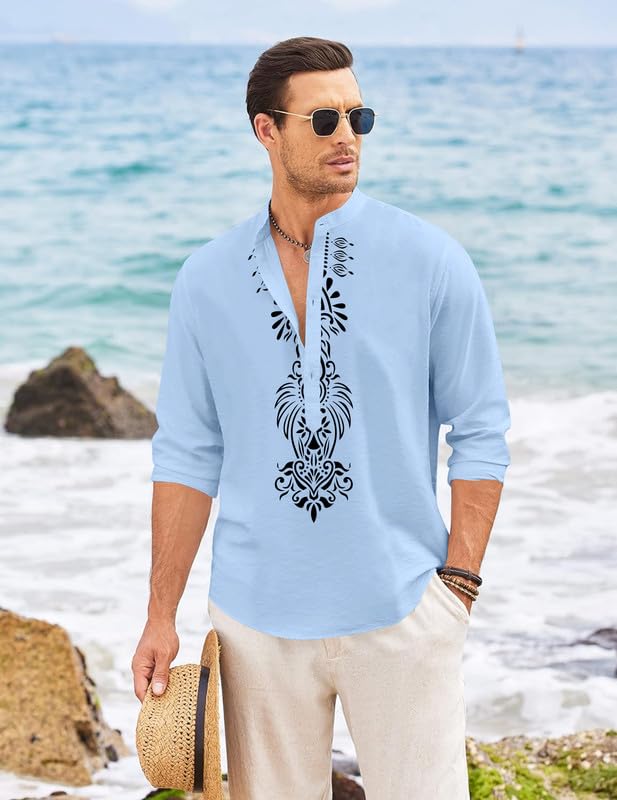 Finivo Fashion MenS Cotton Blend Short Kurta With Bold Printed Front Design | Full Sleeve Ethnic Casual Kurta With Mandarin Coll