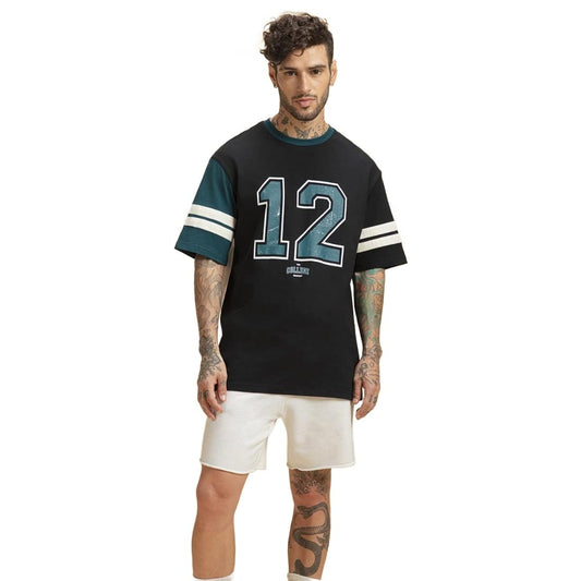 Bewakoof Mens Varsity 12 Colorblock Cotton T-Shirt- Oversized Fit, Round Neck, Half Sleeves 546631_Black_2XL